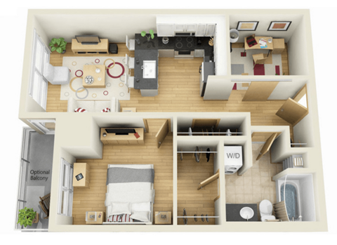 Floor plan for 1 bed, 1 bath, 692 sqft